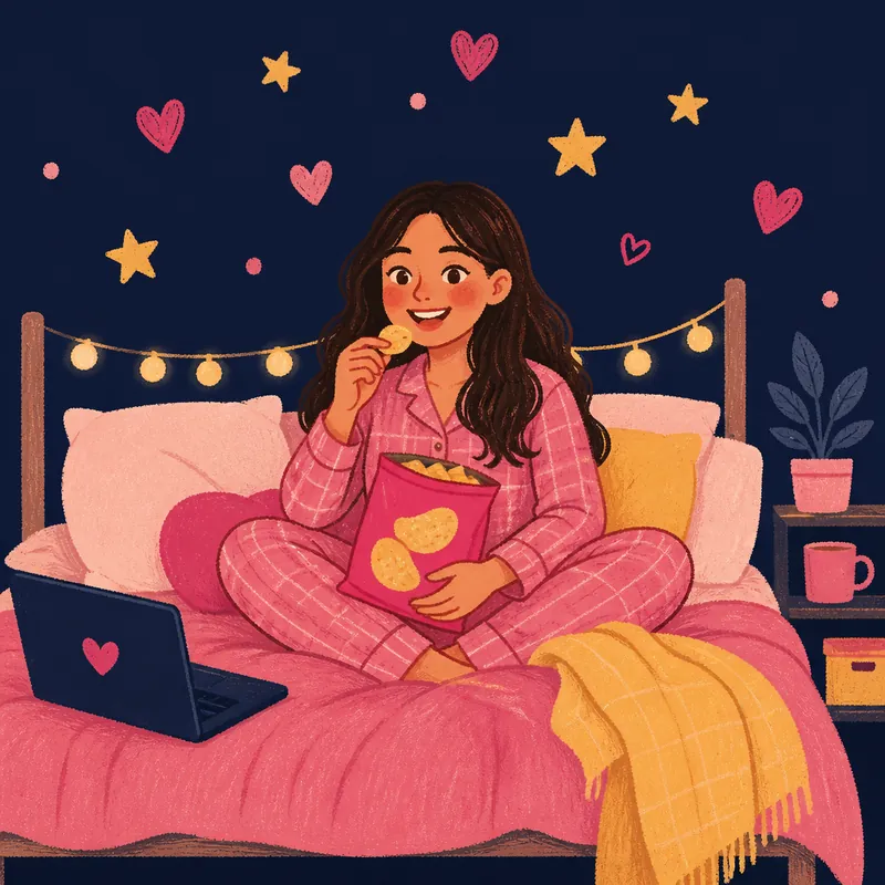 Girl enjoying snacks during a cozy hostel night